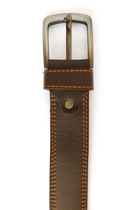 Men's Double Stitched Casual Leather Belt Dark Brown